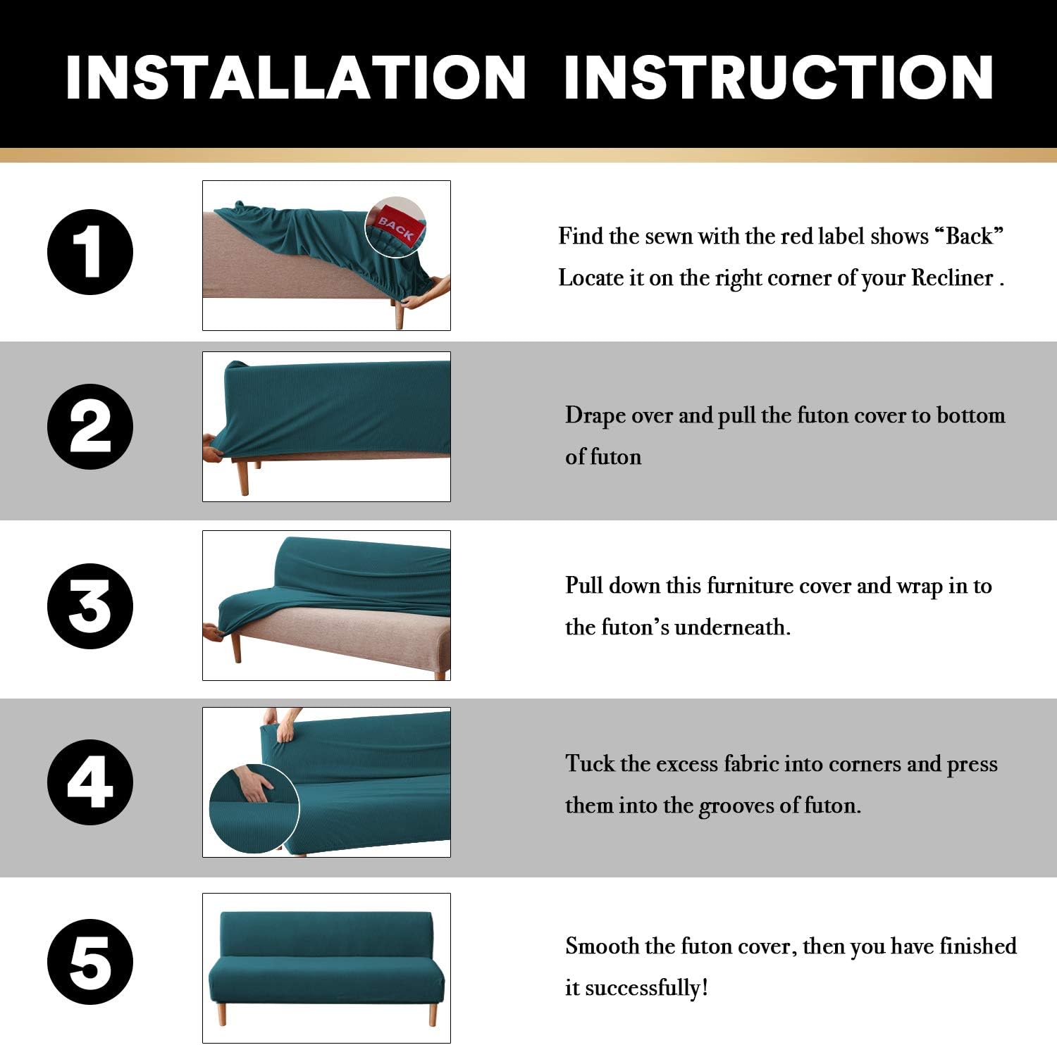 Stretch Armless Futon Cover Full Queen Size Futon Couch Cover with Elastic Bottom, Checked Pattern Jacquard (Deep Teal)