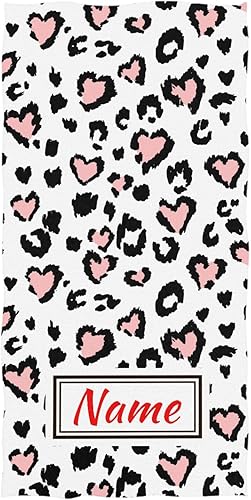 Toalla de playa personalizada con estampado de leopardo y corazón rosa de 30 x 60 pulgadas, toalla de baño súper absorbente, toalla ligera de secado