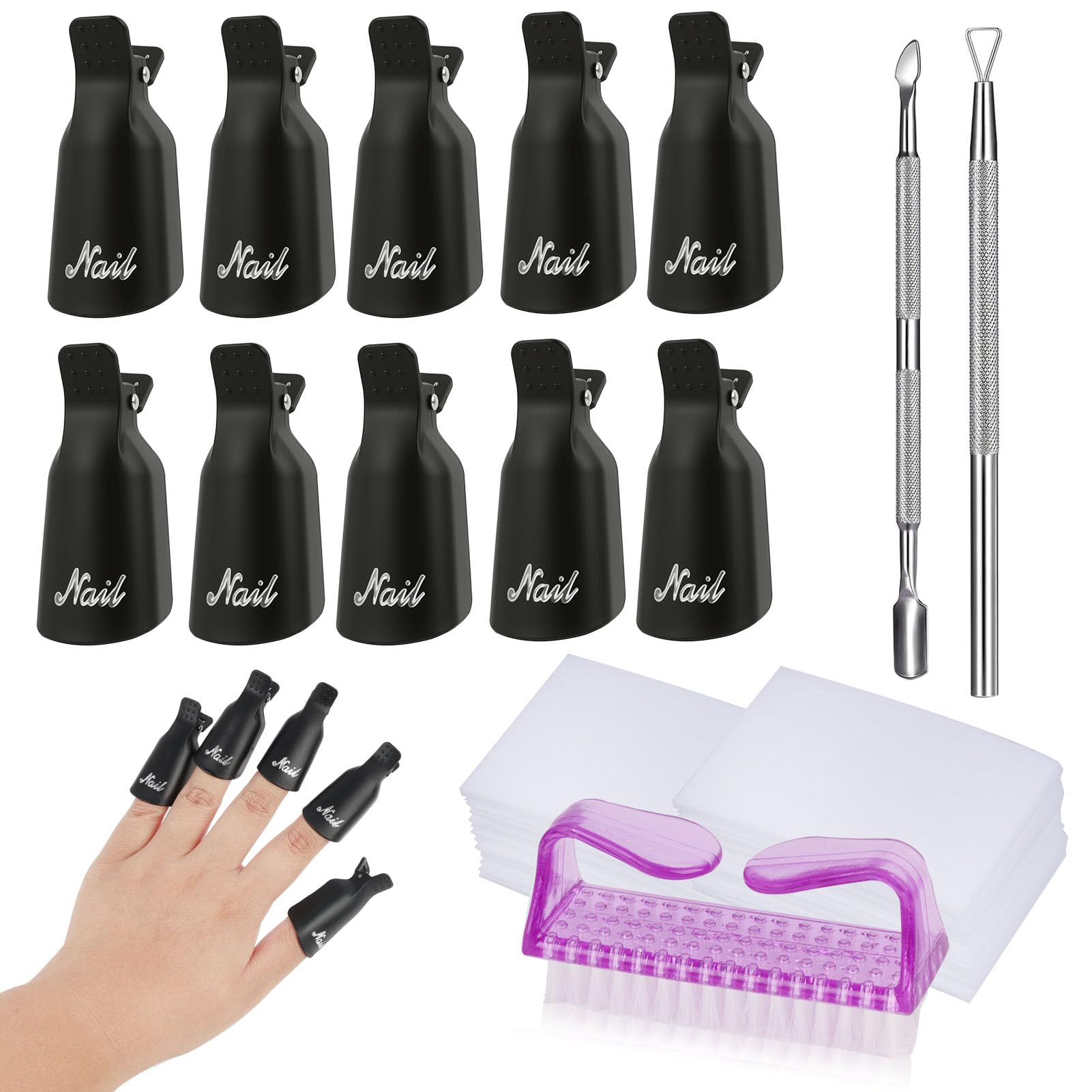 Set di Rimuovi Smalto per Unghie - 10 pinzette + raschietto + spingi cuticole + 100 dischetti di cotone + spazzola per unghie, per limatura semipermanente delle unghie, per salone e casa