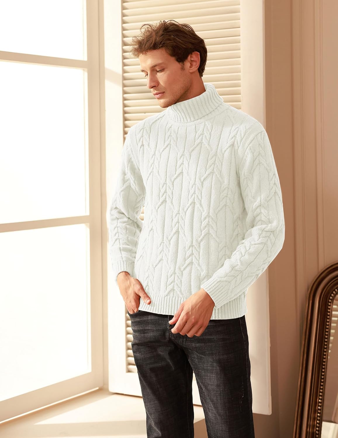 GRACE KARIN Men Turtleneck Sweater Long Sleeve Cable Knit Sweaters Slim Fit Mock Neck Twisted Pullover - Image 3