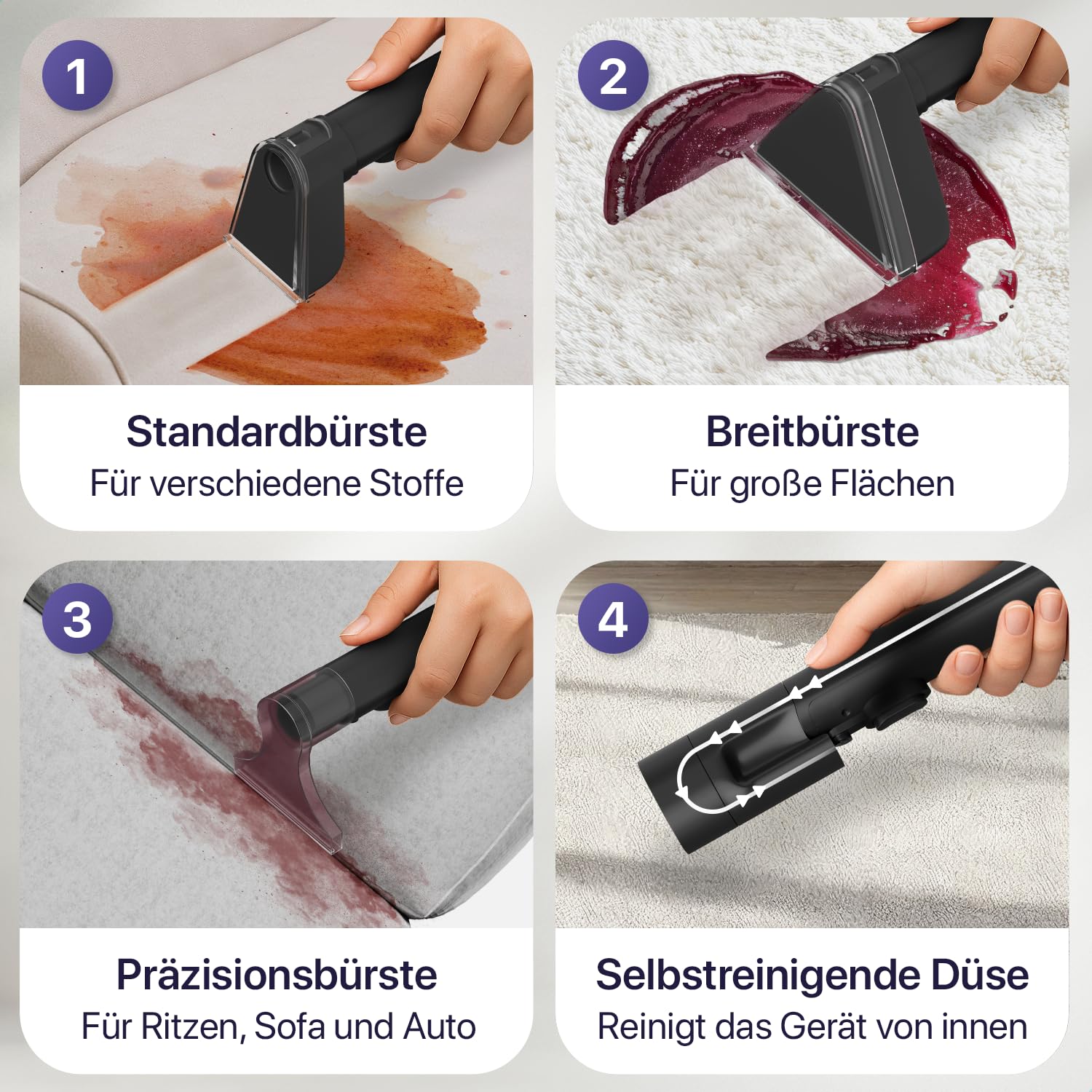 LUMAN 4 in 1 Teppichreiniger - Heizfunktion und Selbstreinigung - Fleckenreiniger - Sitzreiniger - Reiniger für Sofa, Boden, Auto und Teppich - 4 Bürsten - Inklusive Reinigungsmittel