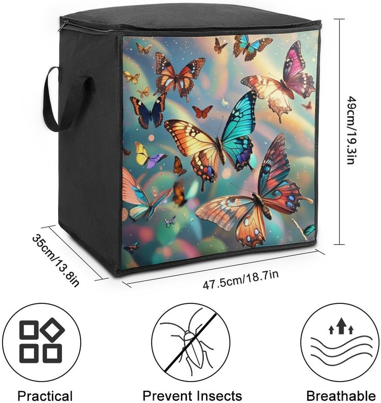 Color Butterfly Background Storage Bag with Zippers And Handle Extra Large Bedding Comforter Storage Bag Foldable Blanket Storage Bags Fabric Moving Bags for Closet Organizer (70L)