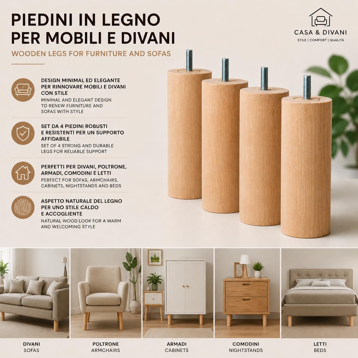 IPEA Piedini in Legno per Mobili e Divani - Altezza 140 mm – [ DESIGN MINIMAL ED ELEGANTE ] - Set di 4 Piedi in Legno Grezzo per Armadi, Poltrone, Arredamento Casa - Gambe per Letti – Vite M10