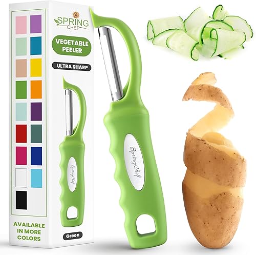 Spring Chef Pelador de verduras giratorio de alta calidad, mango de agarre suave y cuchillas de acero inoxidable ultra afiladas perfecto para
