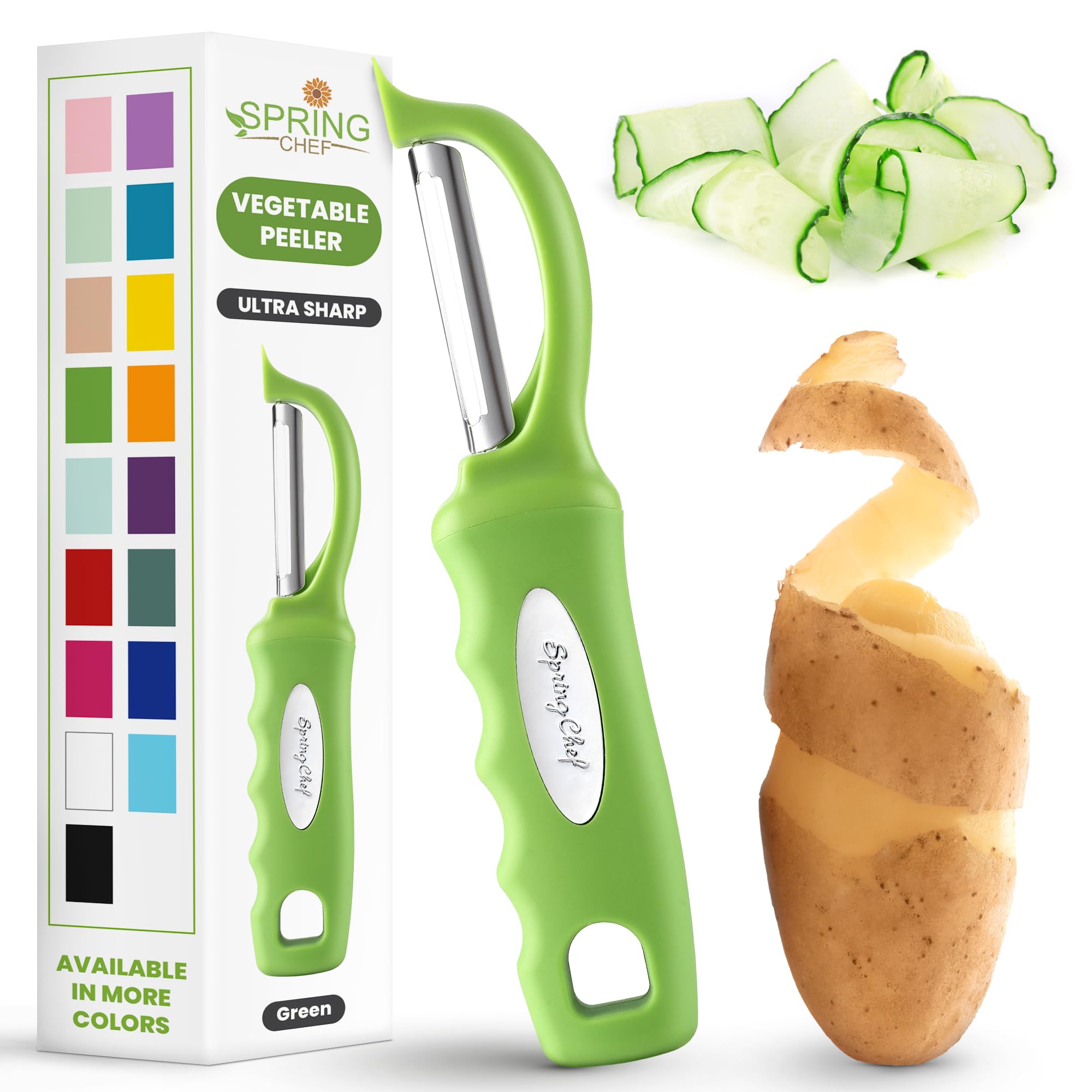Spring Chef Premium Swivel Vegetable Peeler, Soft Grip Handle and Ultra Sharp Stainless Steel Blades - Perfect Kitchen Peeler For Veggie, Fruit, Potato, Carrot, Apple - Green