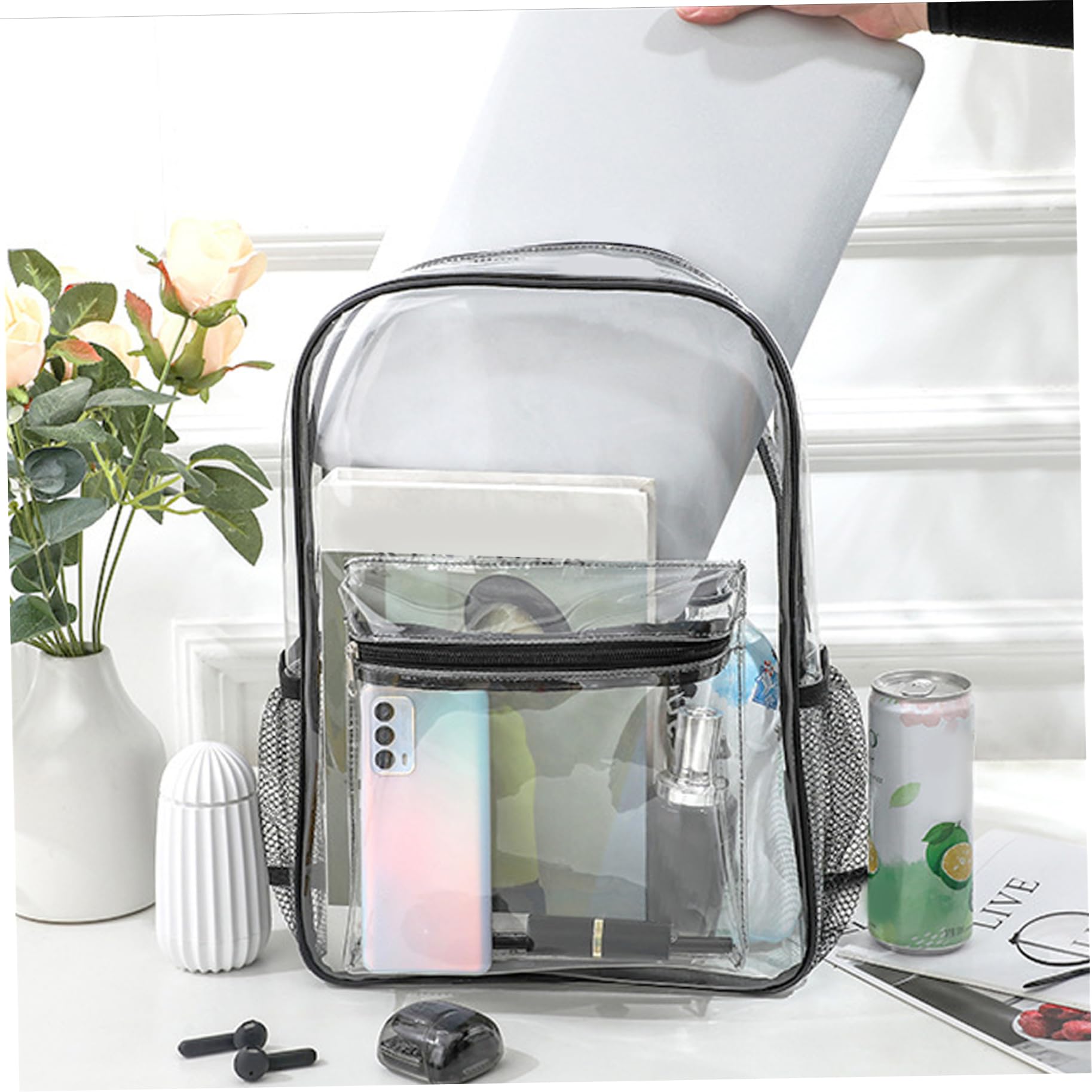 Zaino trasparente Zaino trasparente Bookbag in PVC flessibile Borsa a tasche multiple di capacità con cinghie rinforzate