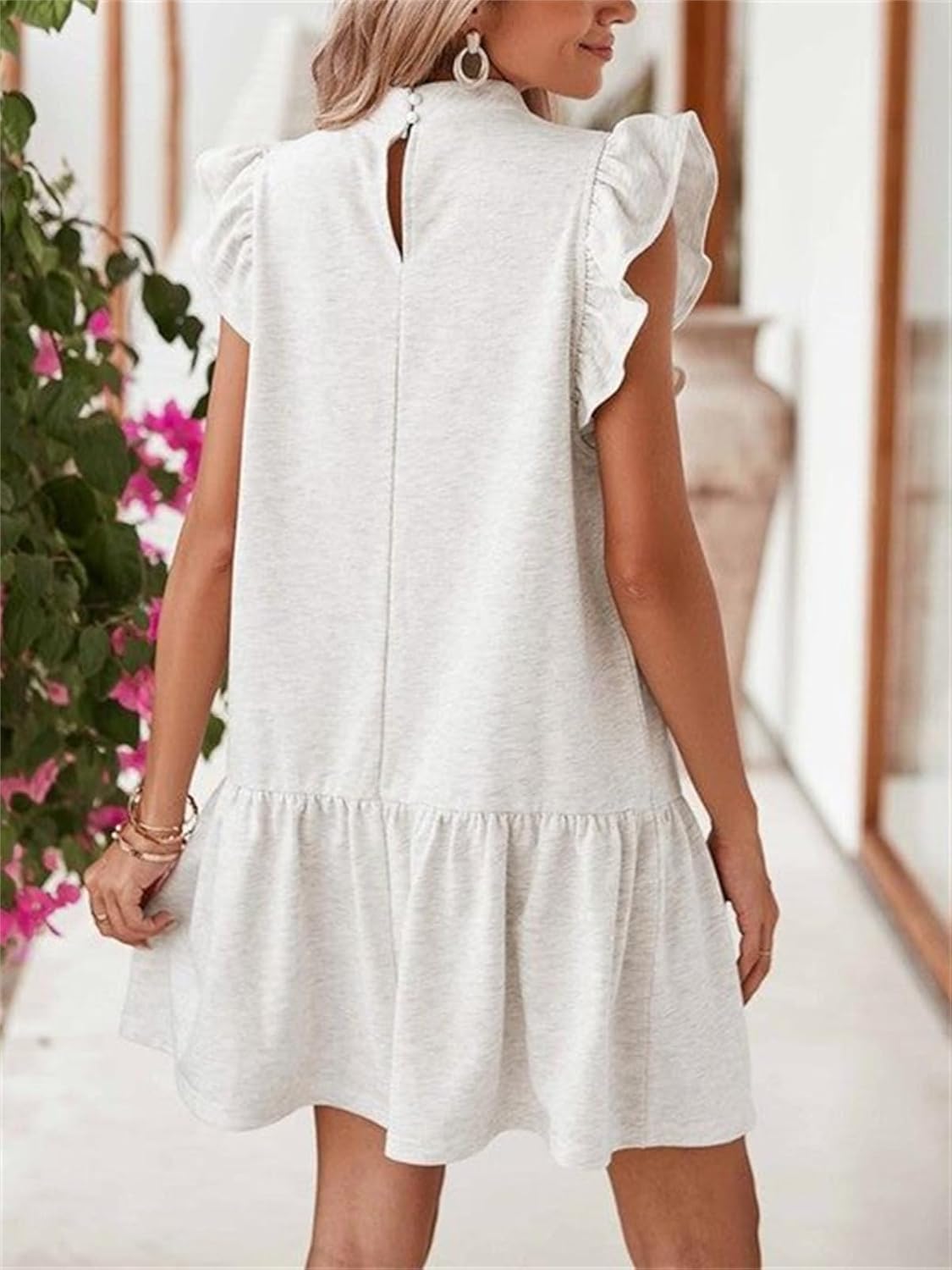 Women’s Ruffle Sleeve Mini Dress Summer Casual Crewneck Flowy A Line Short Babydoll Dress with Tiered Hem Lightweight Pullover Sundress White XS - Image 3