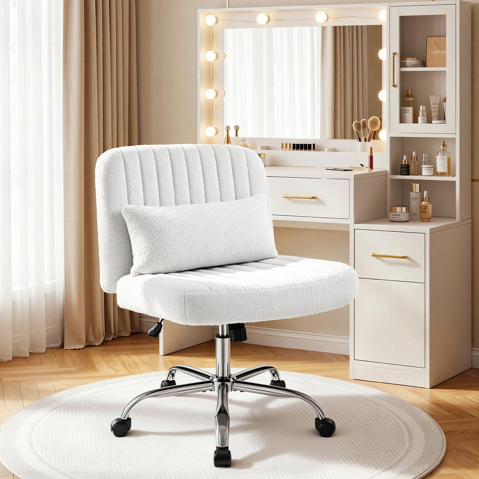 Criss Cross Legged Chair, Wide Seat, Teddy Fabric, for Dressing Table,Beige