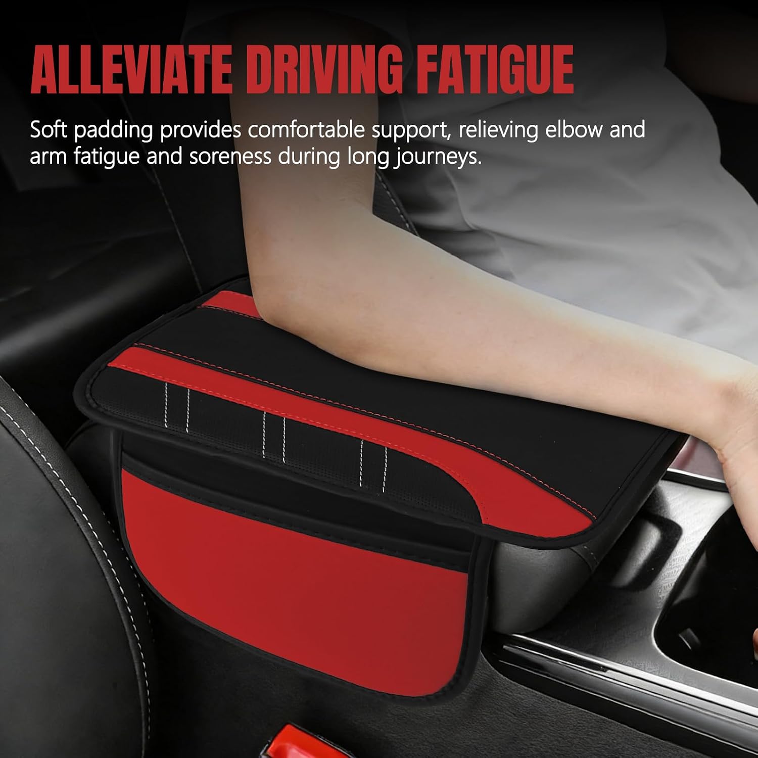 Car Center Console Cover, 12.6"×8.3" Leather Arm Rest Cover for Cars, Auto Armrest Cushion Pad with Storage Pocket, Vehicle Arm Rest Protector, Middle Console Covers Car Accessories (Red) image 4