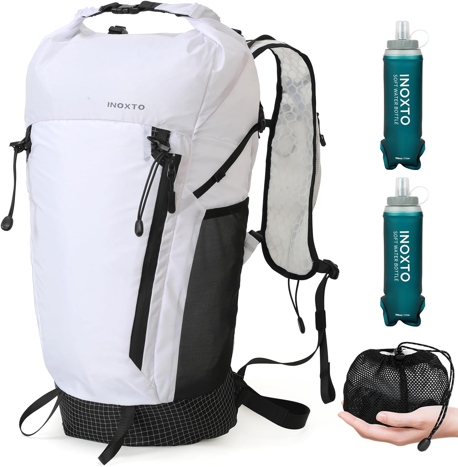 IX INOXTO Hiking Backpack 15L/22L Ultra Lightweight Packable Travel Backpack Small Waterproof Foldable Outdoor Day Pack with Two 500ML soft flasks for Men Women (White)