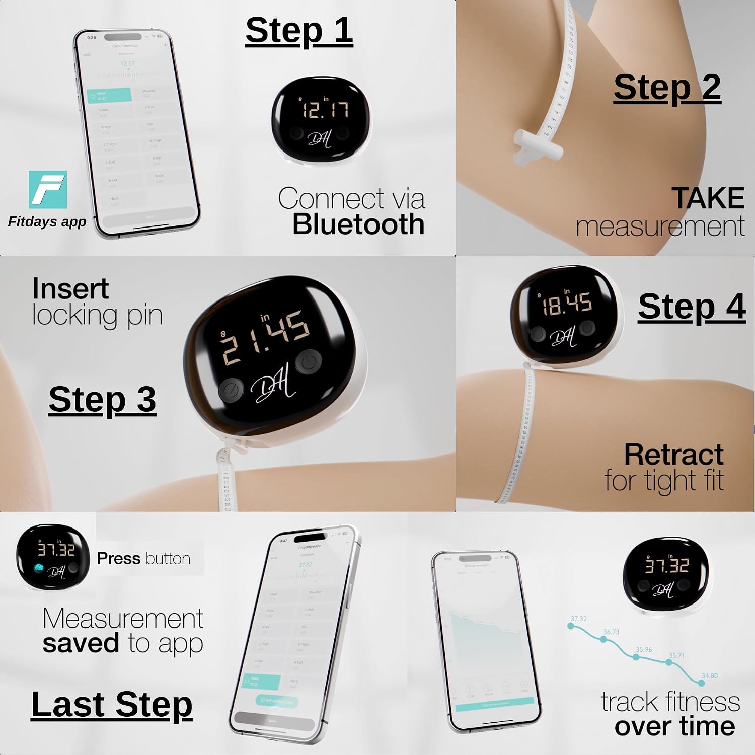 Diamond Hills Rechargeable Smart Body Tape Measure, Measuring Tape For Weight Loss, 60in/150cm, Bluetooth Body Measurement With App, Fitness Measurement Device For Muscle Gain, Waist