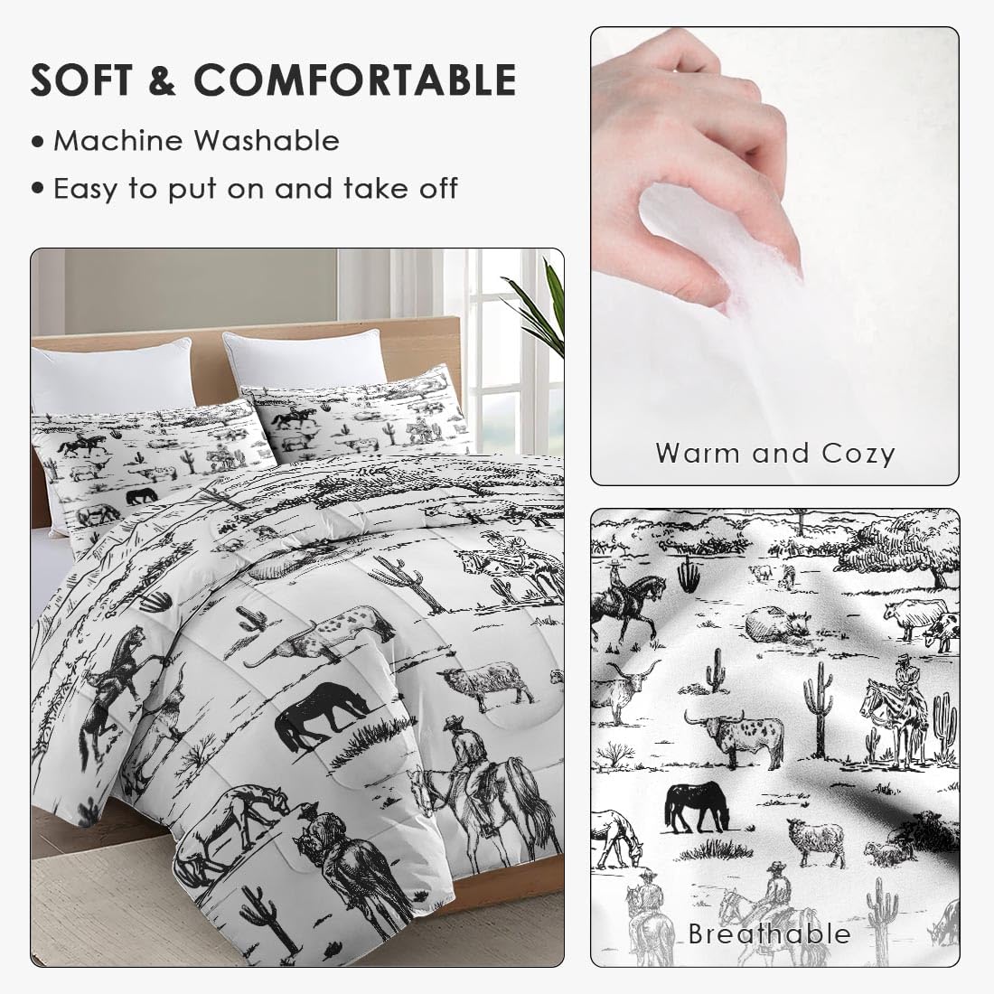 Queen Size Comforter Set with 2 Pillowcase, Cowboy Cow Farm Soft 3 Pcs Bedding for Kids and Adults, Horse Vintage Western Comforter Set for Room Bedroom Bed Decor - Image 5