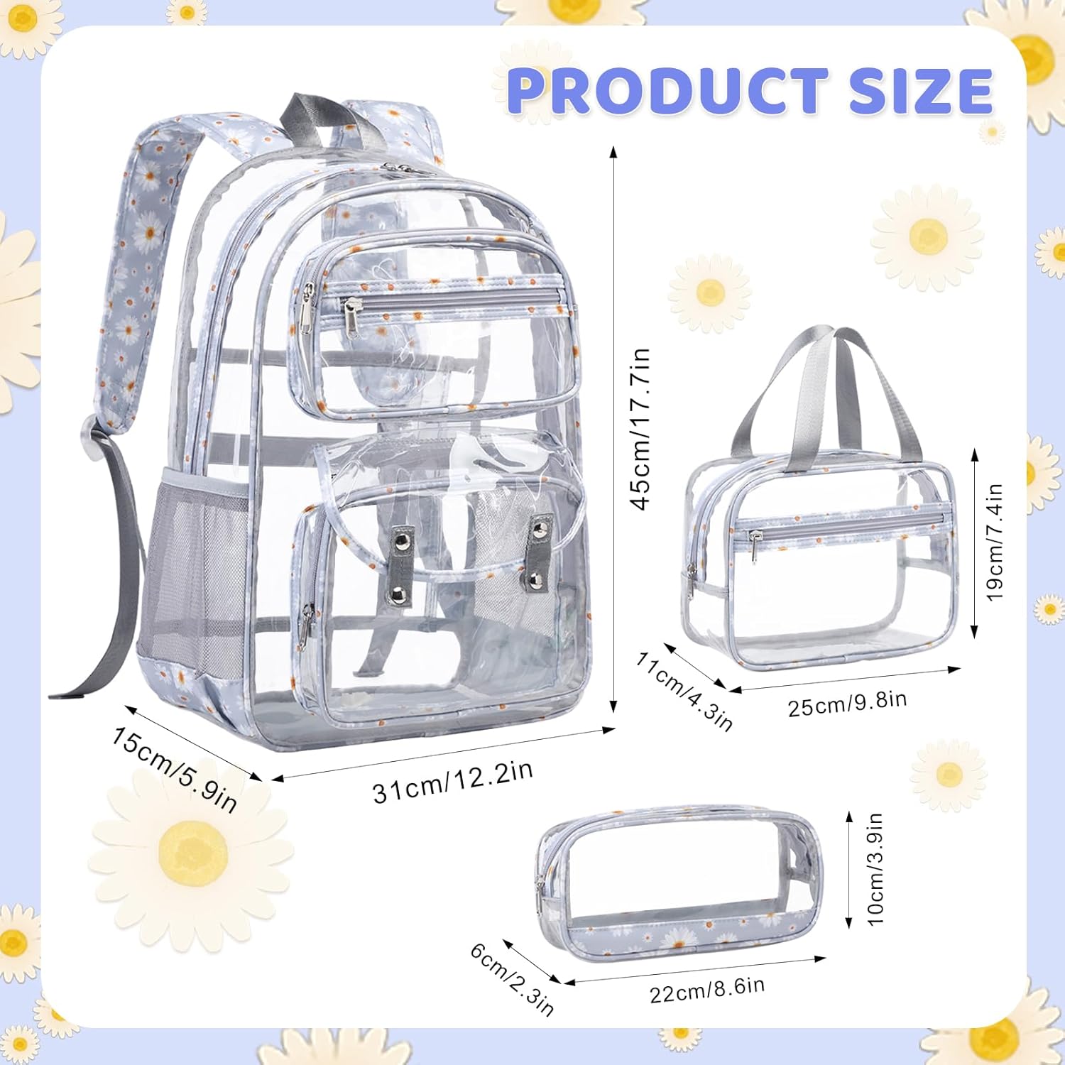 Clear Backpack for Girls - 3 Pcs Clear Backpack Heavy Duty with Lunch Bag - See Through Bookbag Stadium Approved for Kids Middle High College School Sport Travel (Gray Daisy) - Image 2