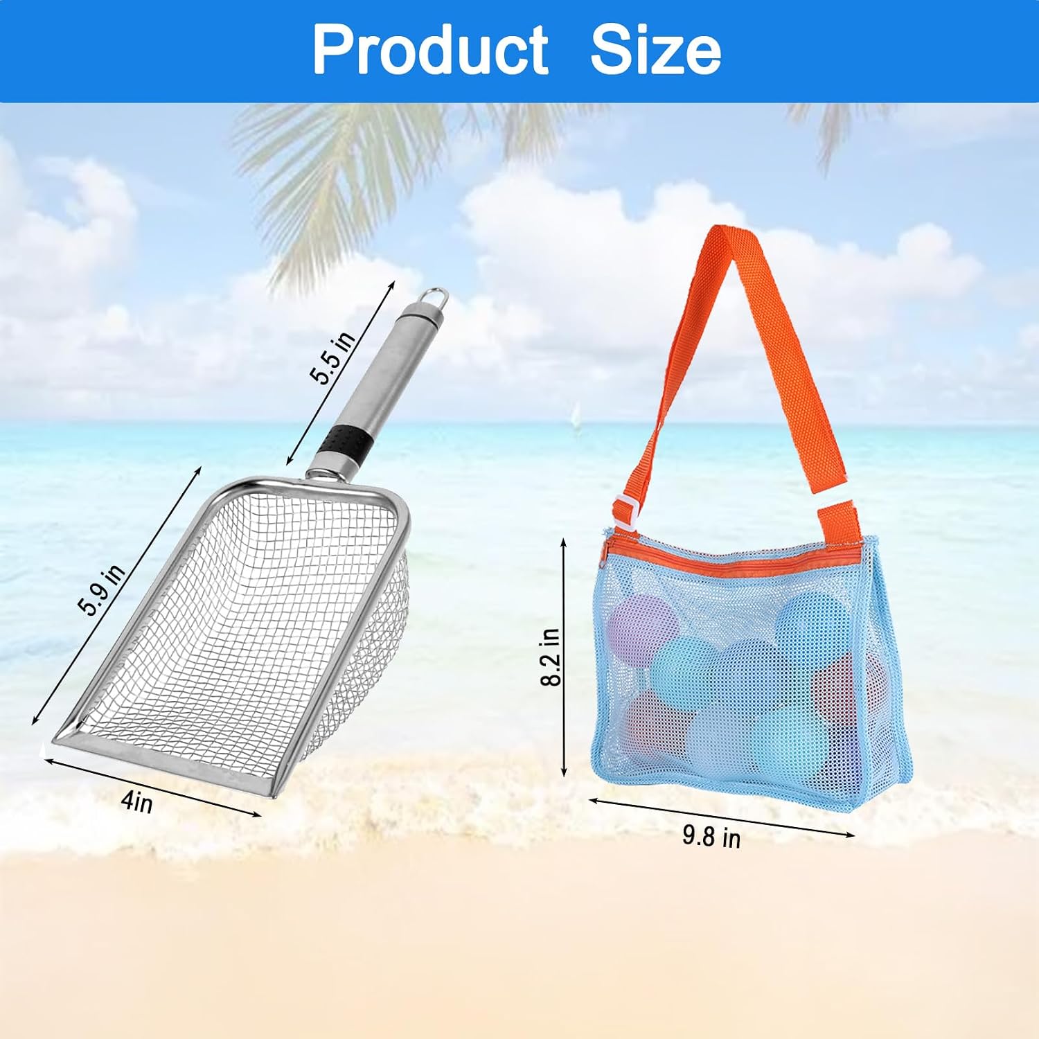 Beach Mesh Shovel & Sifter with Bag - Stainless Steel Sand Filter Scooper for Shark Tooth, Shell & Fossil Hunting, Beachcombing Tool with Mesh Collection Bag