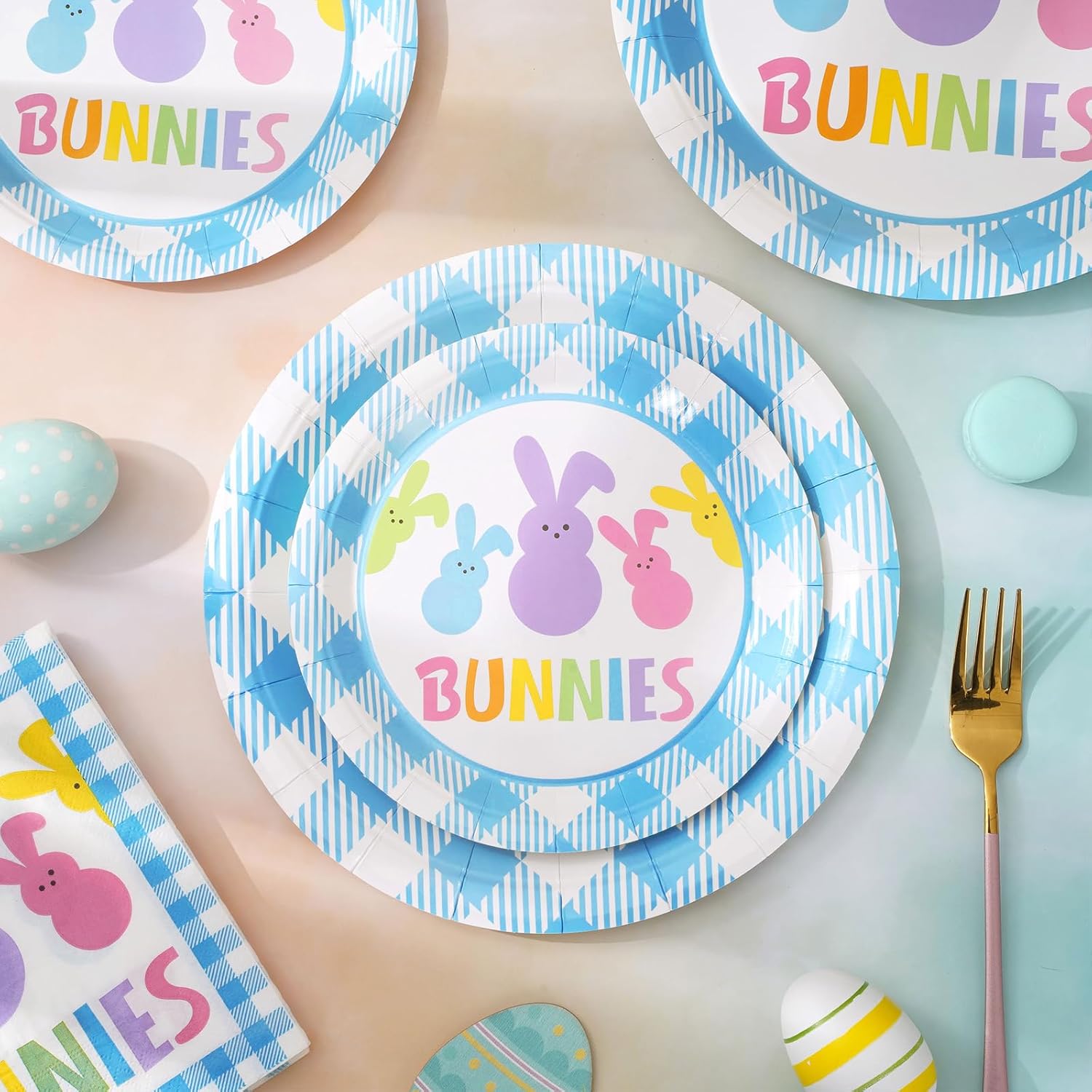 Whaline 100Pcs Easter Tableware Set Colorful Easter Bunny Disposable Dinnerware Set 50Pcs Paper Plates 25Pcs Napkin 25Pcs Cups for Holiday Party Supplies Table Decorations - Image 4