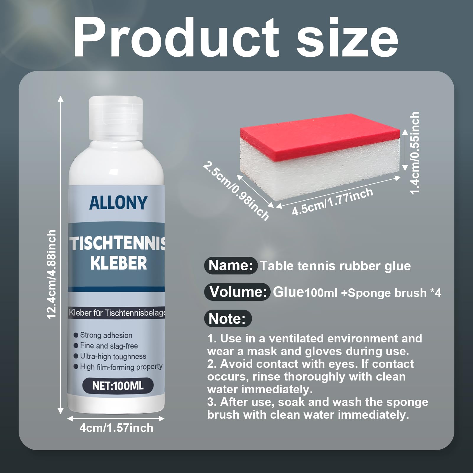 Allony Pegamento de Ping Pong, Pegamento para Raquetas Tenis Mesa, Adhsivo de Tenis de Mesa, Con Cepillo de Esponja, Rápida Formación de Película, Fácil de Usar -100 ml