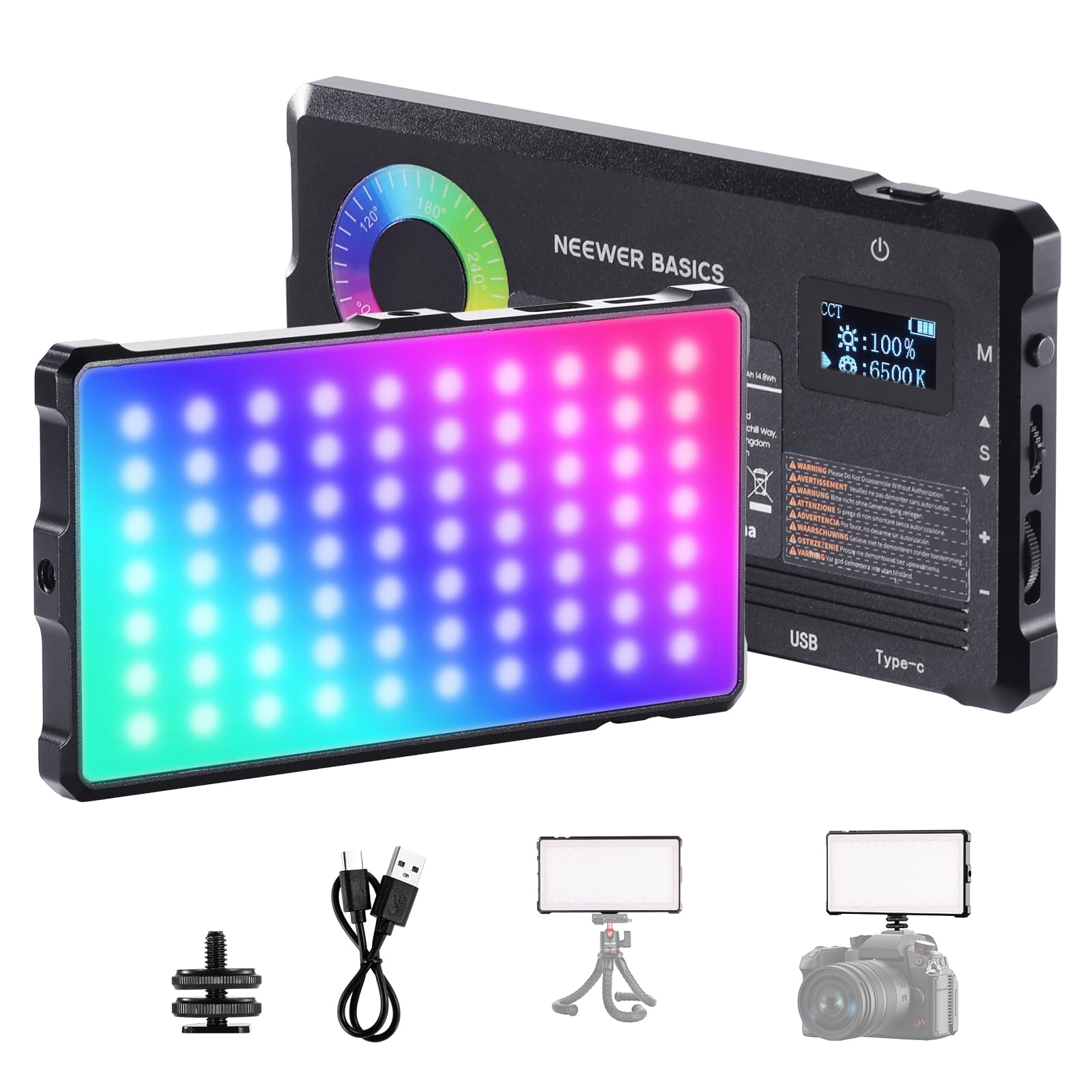 NEEWER Basics Luz Video RGB Foco Cámara, 9W 2700K-7500K Portátil Colores RGB Completos, 17 Escenas CRI97 4000mAh Recargable Panel LED Metal para Cámaras DSLR Trípode Grabación Video Streaming, SL90C