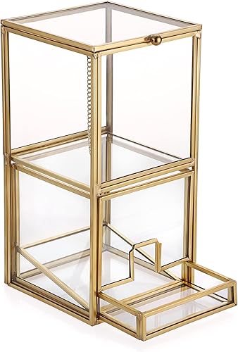 Miniatura 5 de Hipiwe Soporte Qtip de vidrio dorado con tapa, 2 compartimentos, bolas de algodón, organizador de hisopos, soporte de almohadillas redondas de