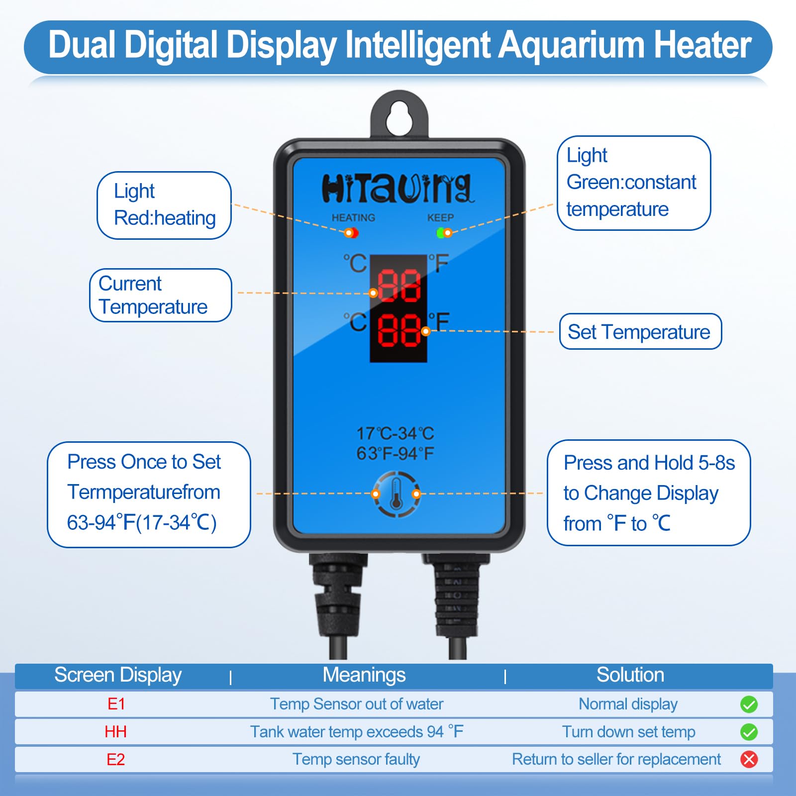 HiTauing Chauffage d'aquarium, chauffage d'aquarium amélioré de 100 W avec arrêt automatique du chauffage et système de contrôle de la température avancé, adapté pour l'eau salée et l'eau douce