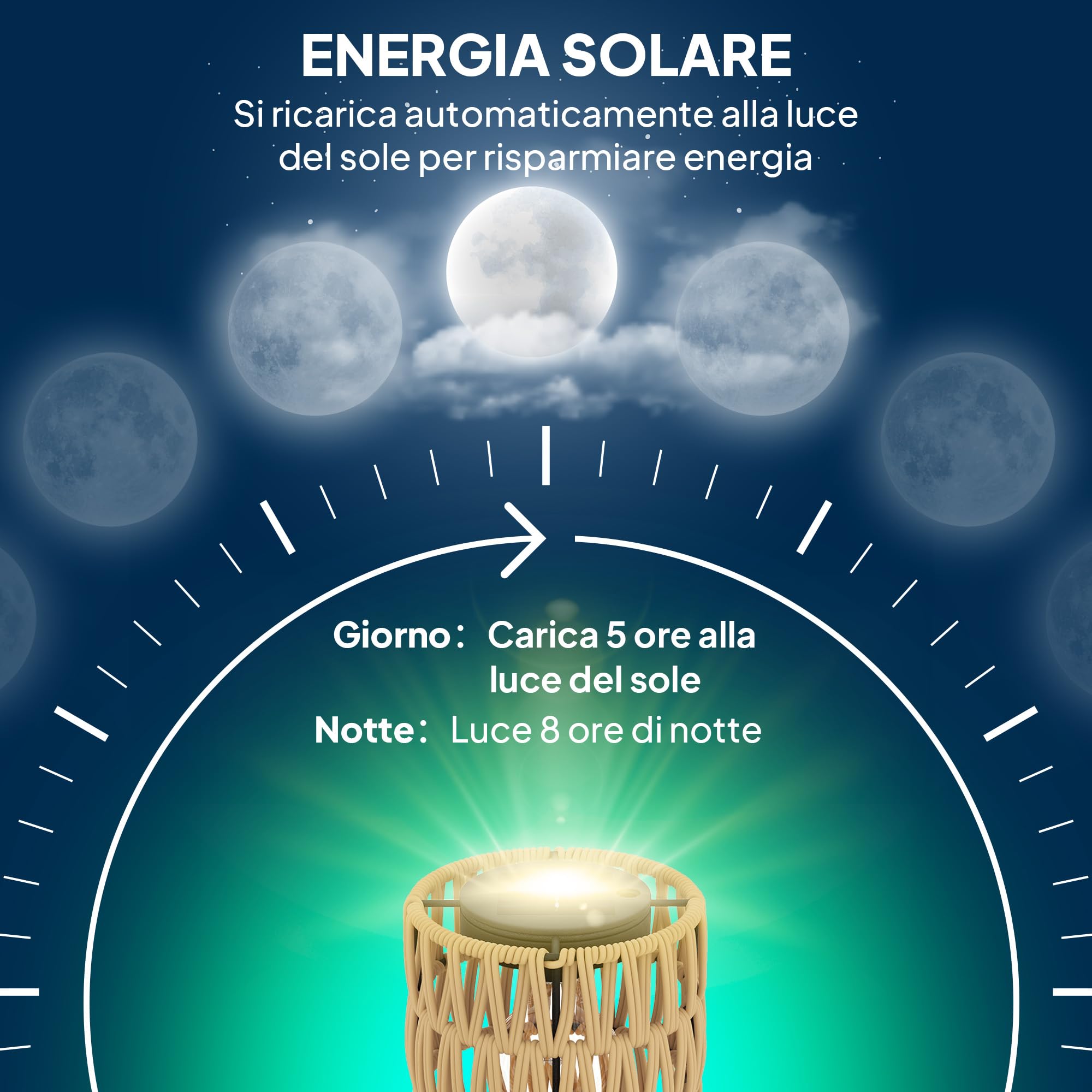 Outsunny Lámpara de Pie Solar de 3 Luces Estilo Boho con Estante Central y Base Redonda, Lámpara de Exterior de Ratán PE y Acero, IP44, para Salón, Dormitorio, Negro y Amarillo