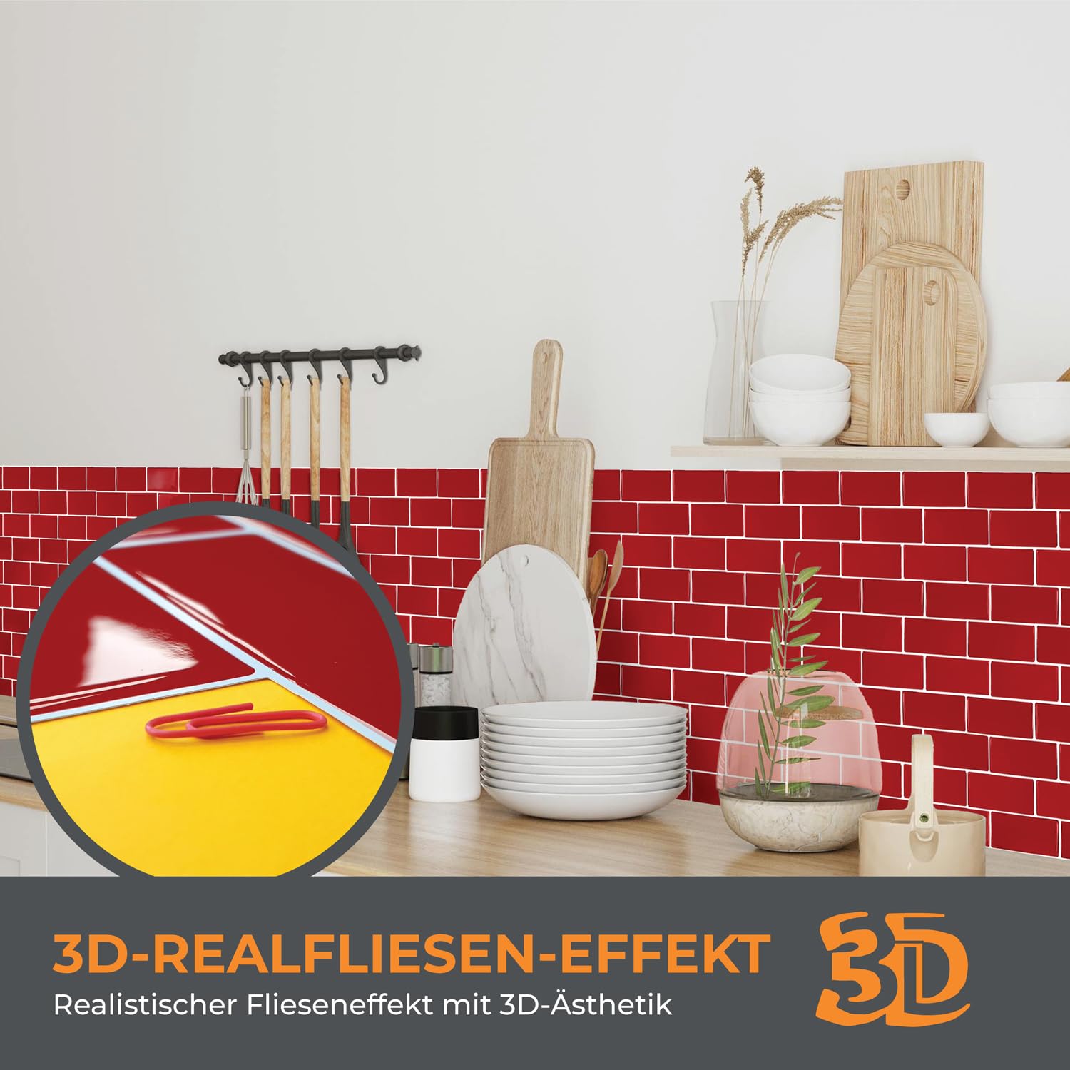 WALPLUS - Lote de 6 azulejos adhesivos de cocina, 30,5 x 30,5 cm, adhesivos de pared para cocina, extraíble, azulejos adhesivos de pared, color rojo cereza