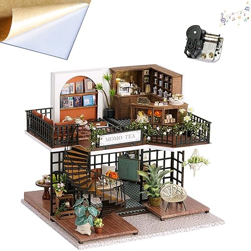 Mini casa de muñecas en miniatura de madera, tienda de té del bosque, escena, modelo de construcción, casa de juguete con luces LED y cubierta