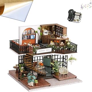 Mini Wooden Miniature Dollhouse Kit Forest Tea Shop Scene Building Model Toy House with LED Lights and Dust Cover Christmas New Year Birthday Gifts