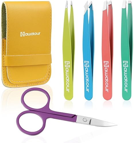 Miniatura 8 de HAWATOUR Juego de pinzas, 4 pinzas para cejas para mujer, gran precisión para cabello encarnado, astillas, depilación facial, multicolor