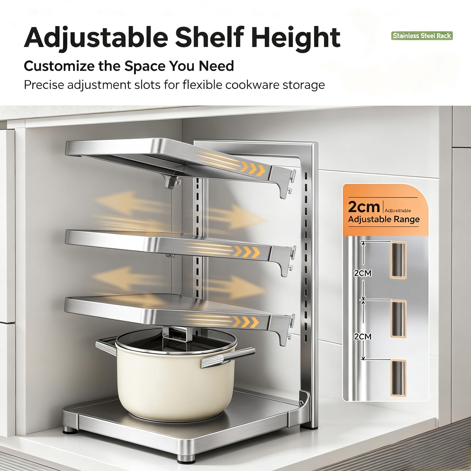 Unterschrank Organizer Edelstahl, Vorratsschrank Organizer Mehrstufig | Küchen Organizer Schrank Höhenverstellbar, Topf Organizer Hoch Belastbar, Schrankregal Abnehmbare Ebenen(4-Tier)