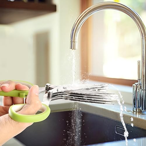 Miniatura 6 de Tijeras de hierbas  Tijeras multiusos de acero inoxidable de 5 cuchillas para hierbas de cocina, cortador de hierbas con cubierta de seguridad y