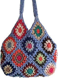 Blue Handmade Crochet Knitted Shoulder Bag Granny Square Boho Tote for Summer Shopping Festivals also in White Pink and Green (Green)