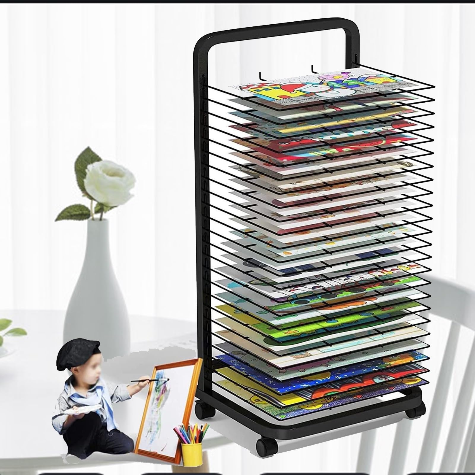 Aioneer Art Drying Rack - Sturdy Metal Art Rack, Steel Drying Painting Racks, Keep Artwork Protected While Drying, Sturdy Paint Drying Rack With Lockable Wheels, Space Saving Rack Drying