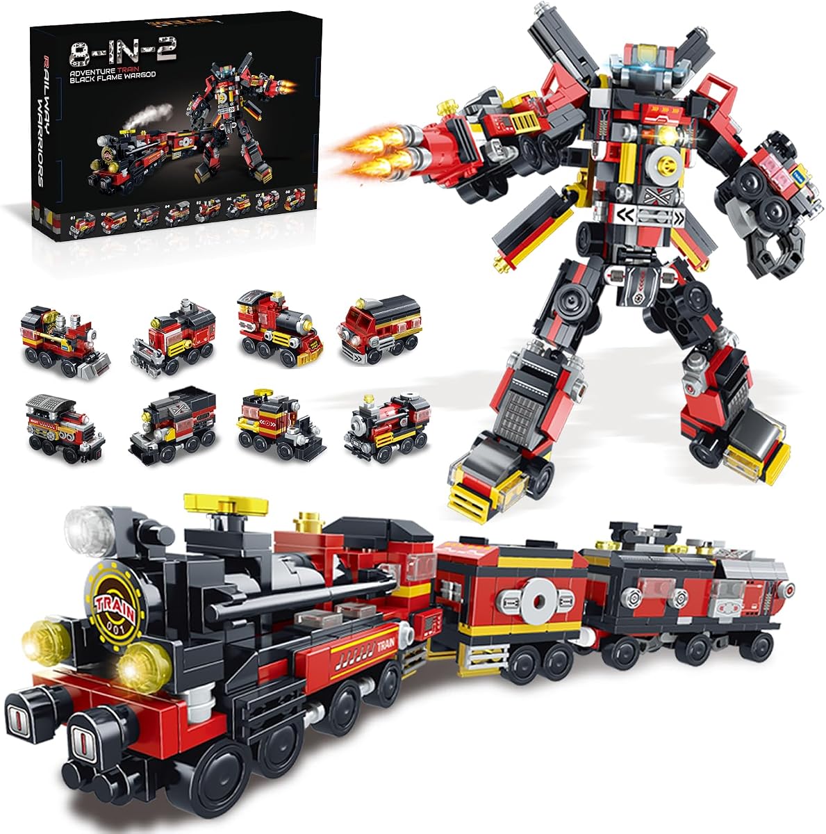 Juguetes de bloques de construcción transformadores para niños y niñas de 6 a 12 años. Tren de vapor u 8 modelos de locomotora o robot guerrero. Juguetes de tren con ruedas. Juguetes de construcción 8 en 2. Regalos ideales para niños (766P)