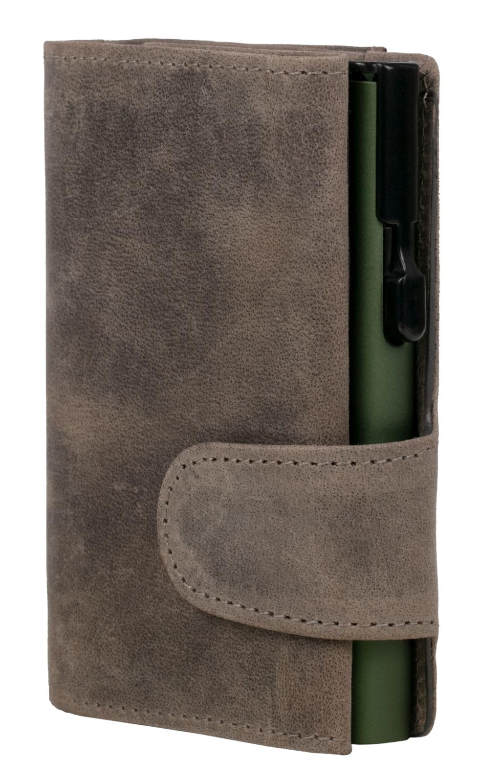 CLICKSAFE® Credit Card Holder with Coin Compartment and Note Compartment Made of Grey Hunter Leather with Green Aluminium Safe and RFID Protection (Card Holder, Card Holder, Slim Wallet)