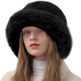 Peicees Winter Bucket Hat for Women Fur Russian Ushanka Ladies Fluffy Snow Hat Fuzzy Fisherman Cap Warm Cute