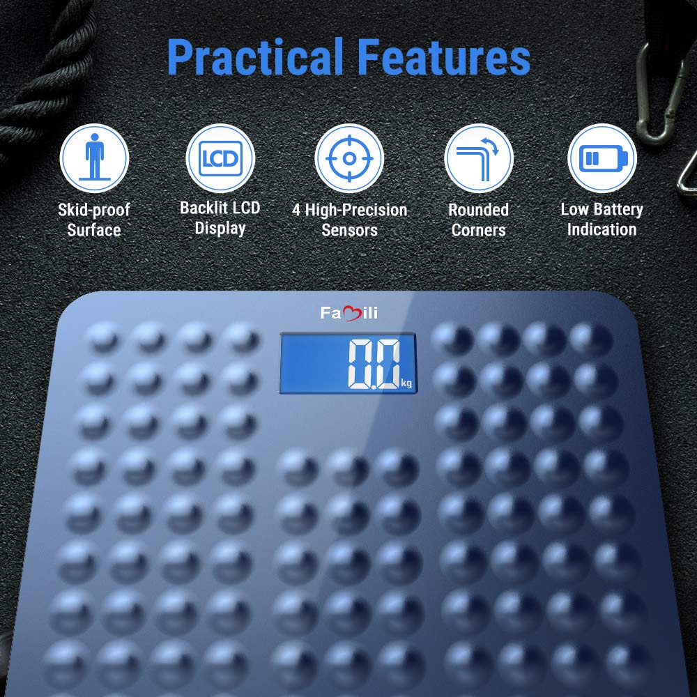 Infographic showing practical features of the Famili scale: Skid-proof Surface, Backlit LCD Display, 4 High-Precision Sensors, Rounded Corners, Low Battery Indication.
