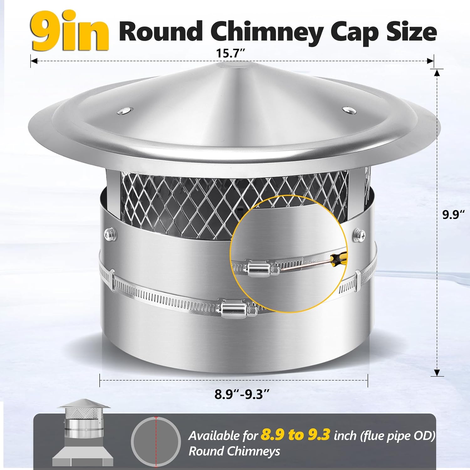 9 inch chimney cap, 9" stainless steel cone top chimney cap with screen, adjustable and reinforced chimney cap, chimney cover for vents,round rain cap for all-round chimney protection