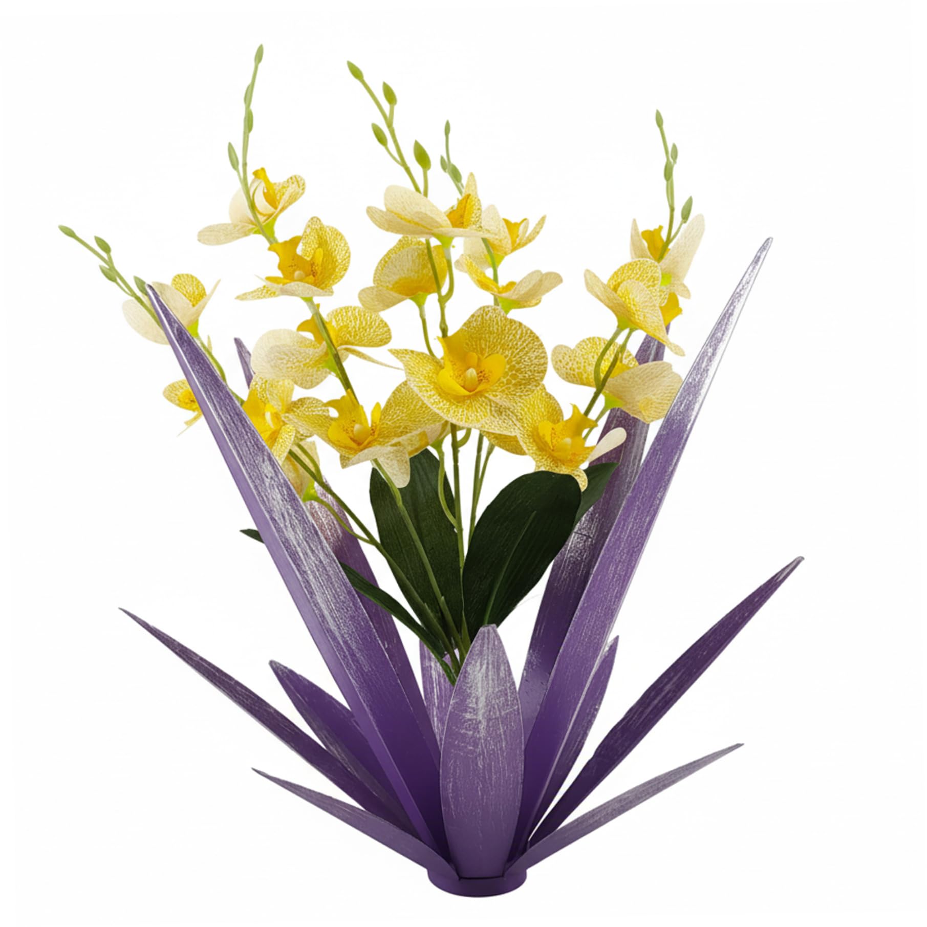 Agave en métal avec orchidées jaunes pour un jardin sans entretien
