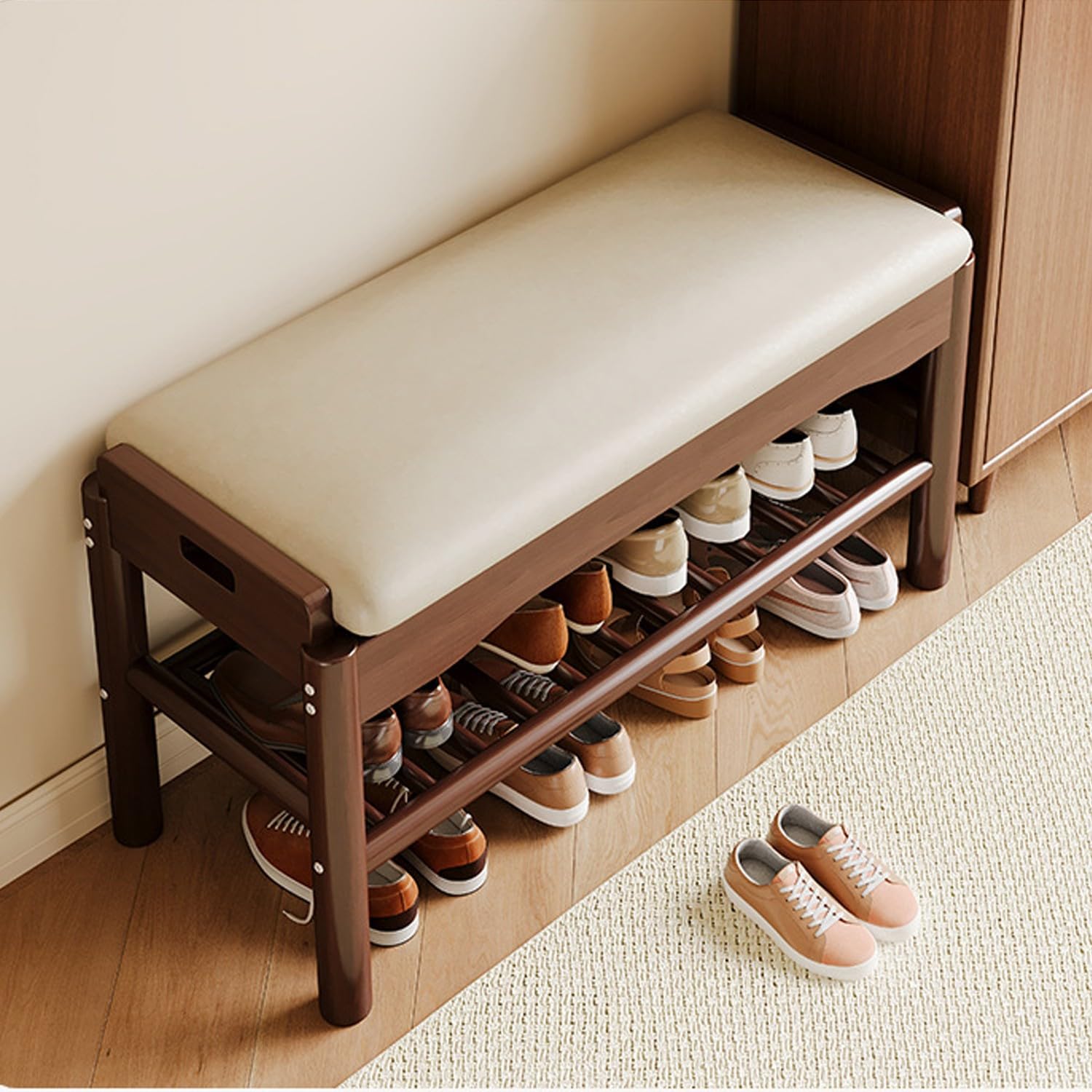Coussin en cuir premium et banc en bois pour une étagère à chaussures de luxe