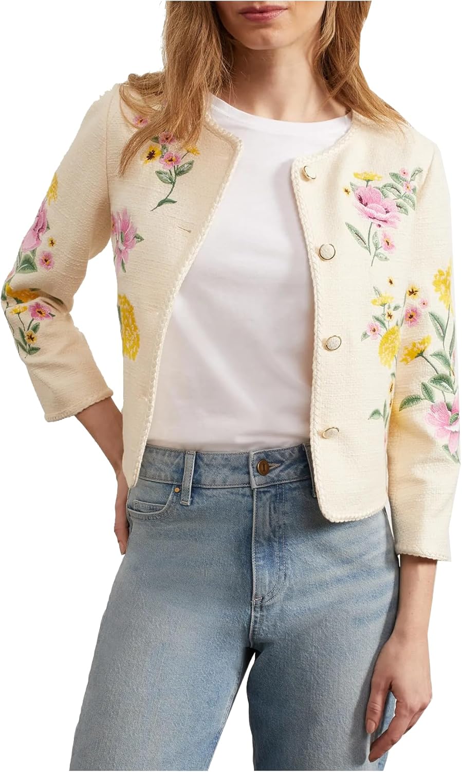 YEXPINE Women's Embroidered Floral Tweed Jacket - Cropped Collarless Open Front Lightweight Blazer for Elegant Casual Style