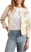 YEXPINE Women's Embroidered Floral Tweed Jacket - Cropped Collarless Open Front Lightweight Blazer for Elegant Casual Style