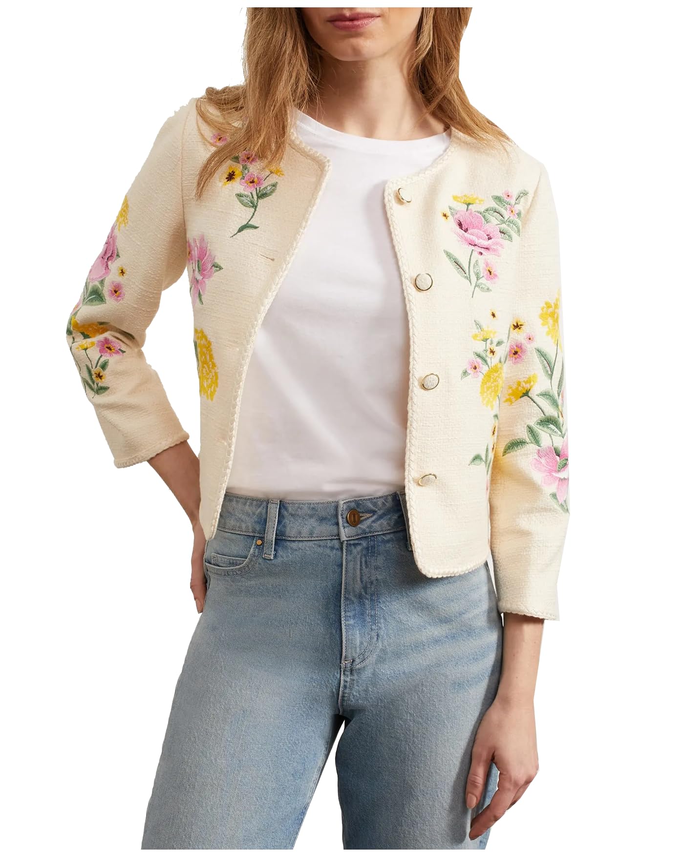 Womens Embroidered Floral Tweed Jacket Cropped Collarless Lightweight Open Front Elegant Jackets