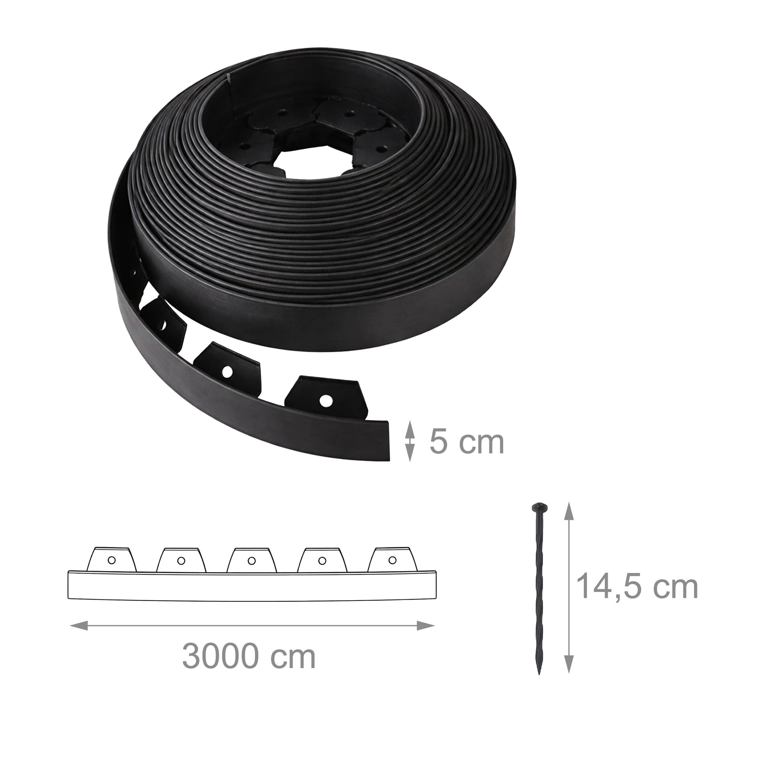 Relaxdays bordura prato, 30 m x 5 cm, plastica, flessibile, 90 picchetti, nero