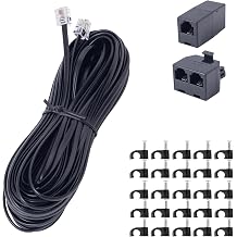 Phone Extension Cord 50FT Long Phone Cable Line Wire, with Standard RJ11 Plug andIncludes Telephone Inline Coupler RJ11 Splitter and 25Cable Clip Holders, Black
