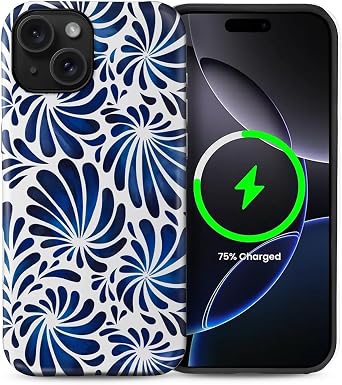 Case Compatible with iPhone 15 [Compatible with MagSafe] Hybrid 2-Layer Hard Shell Protection Case, Shockproof Protective Magnetic Cover, Dark Blue Vintage Flowers