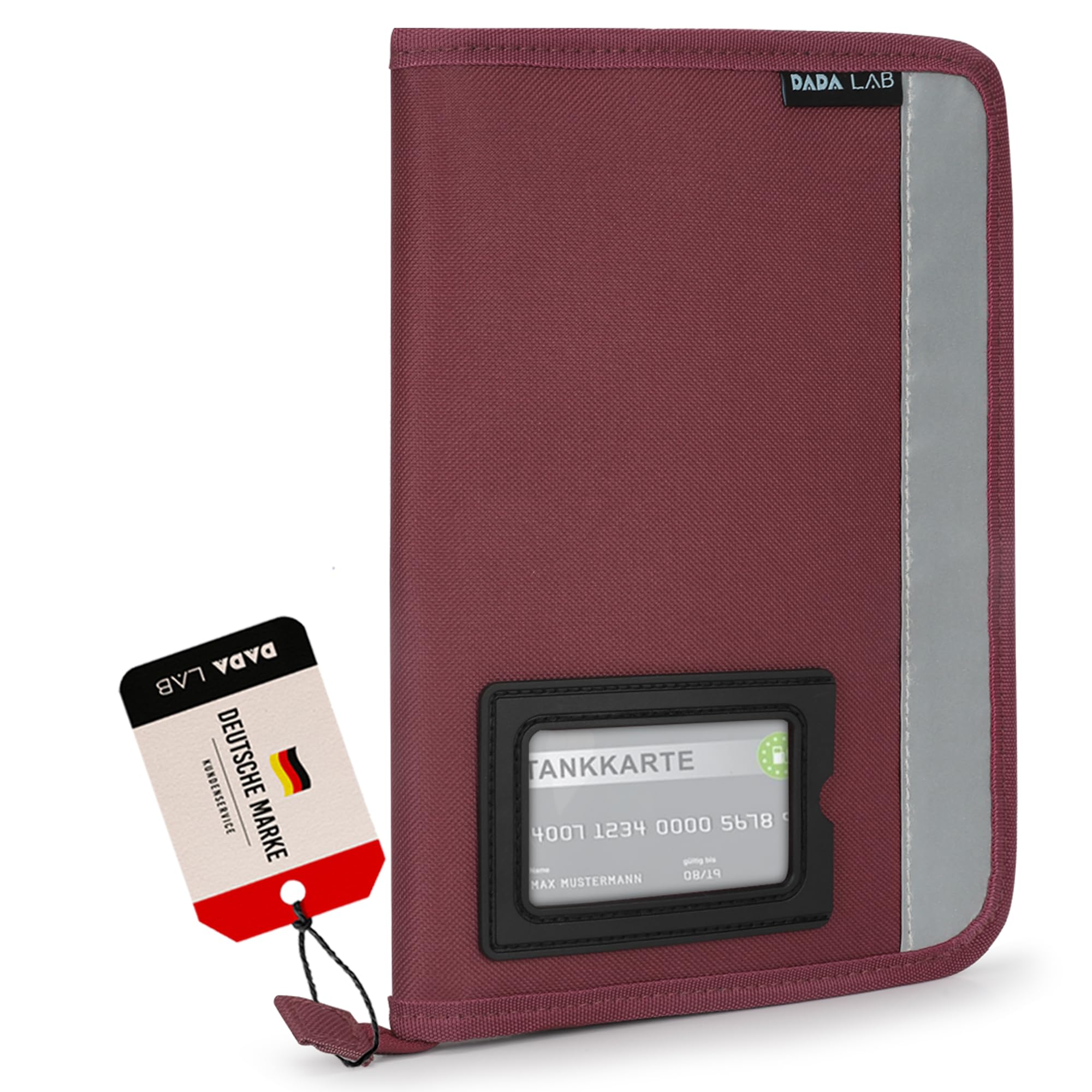 DADA LAB Fahrzeugmappe A5 Handschuhfach Organizer Auto, 4 Fach Stauraum, Reflektionsstreifen, Separates Kartenfach, Dokumentenmappe Rot (Rot)