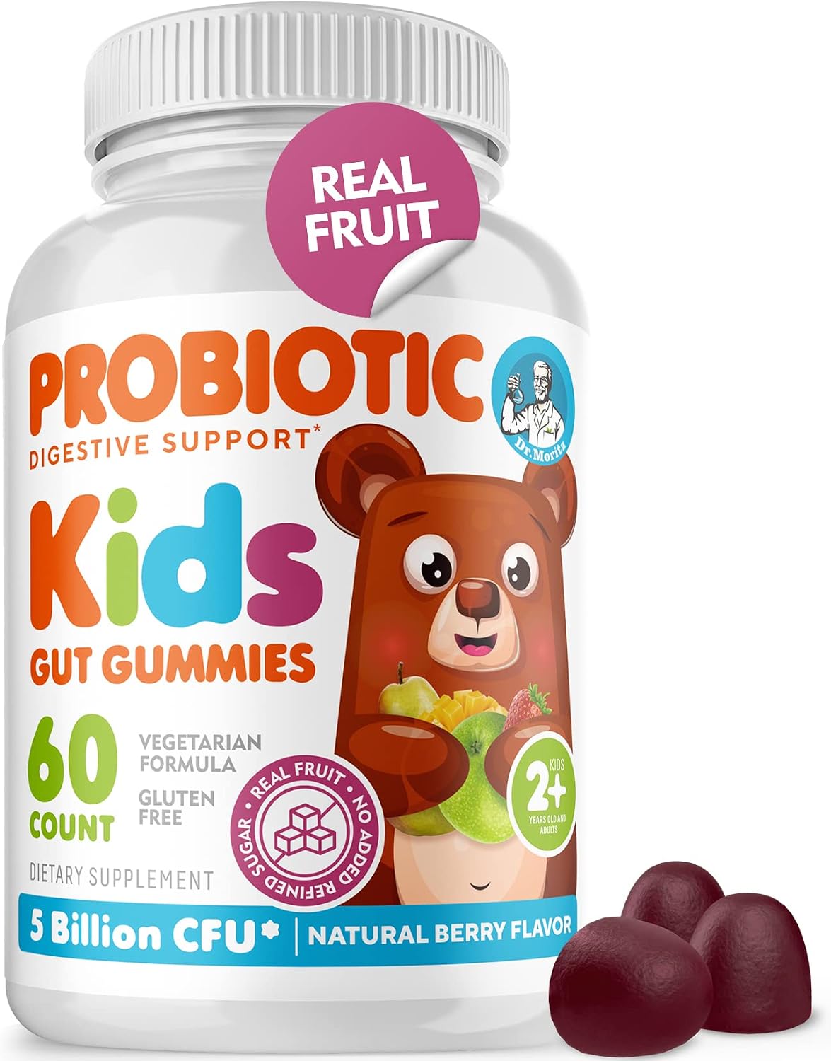 Probiotics for Kids - Berry Flavor Probiotic Gummies - Sugar Free, 2.5 Billion CFU Chewable Gummy Probiotics, Supports Digestive and Immune Health in Children & Adults (60 Count, Pack of 1)