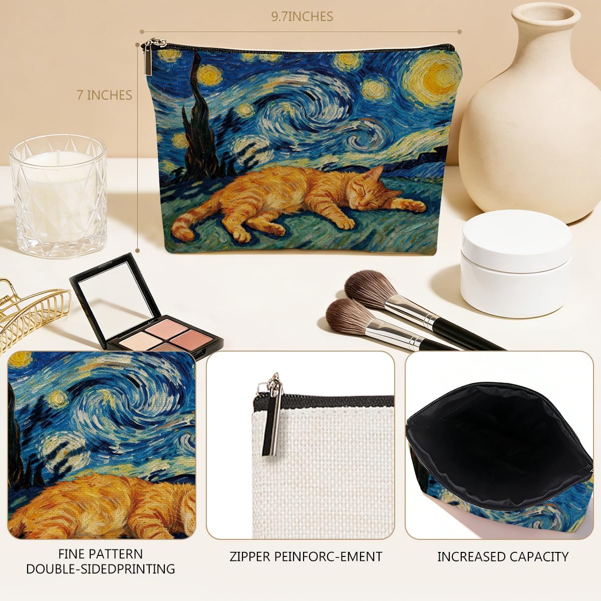 Cat Star Night Makeup Bag, Funny Van Gogh Style Canvas Cosmetic Makeup Pouches with Zipper Travel Office Makeup Cosmetic Bags, Toiletry Organizer Pouch, Cat Lover Gifts for Cats Lovers - Image 3