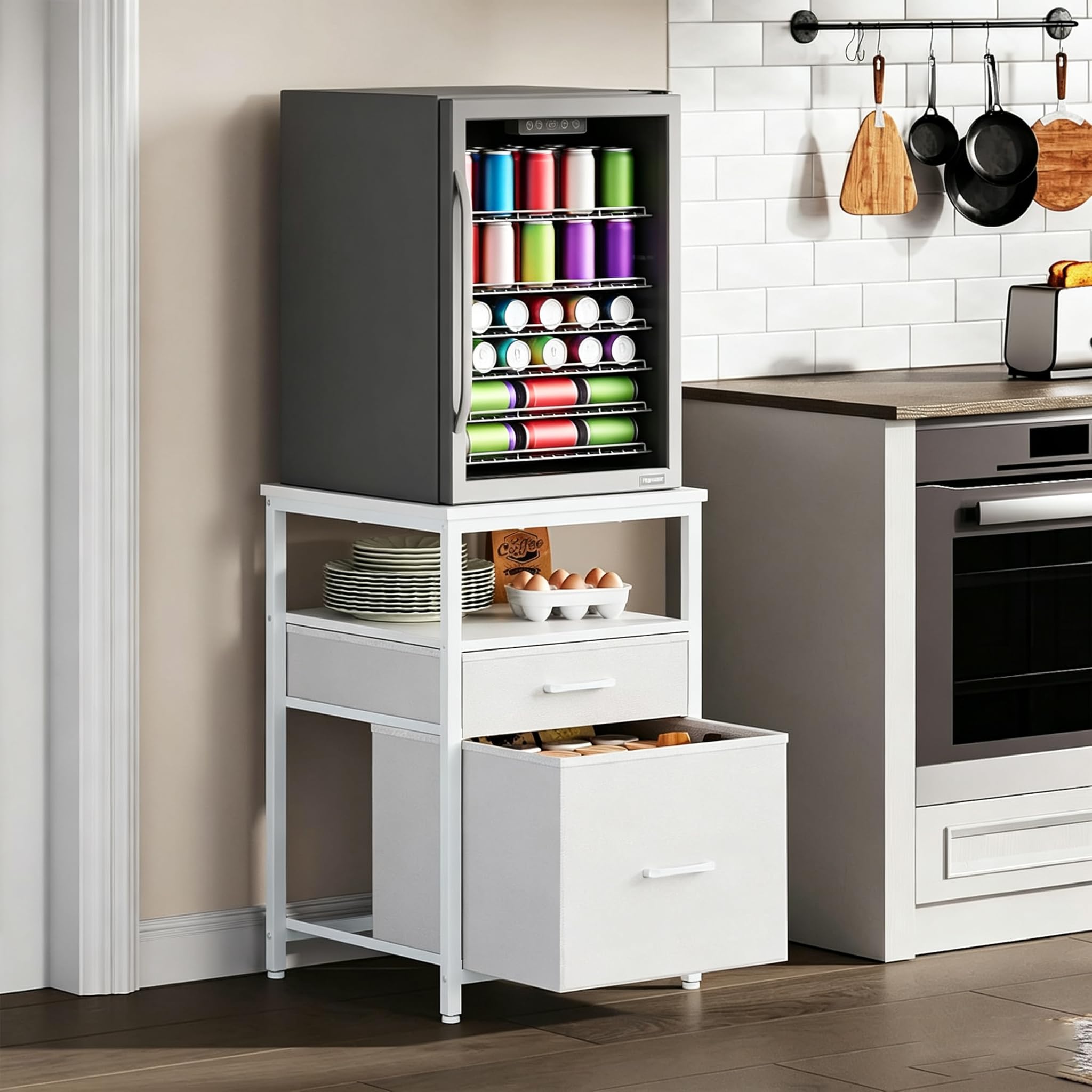 Herture Mini Fridge Stand with 3 Storage, Mini Fridge Cabinet, Beverage Fridge Table, Heavy Duty 18.11" L* 18.11" W Tabletop, for Dorm, Apartment,