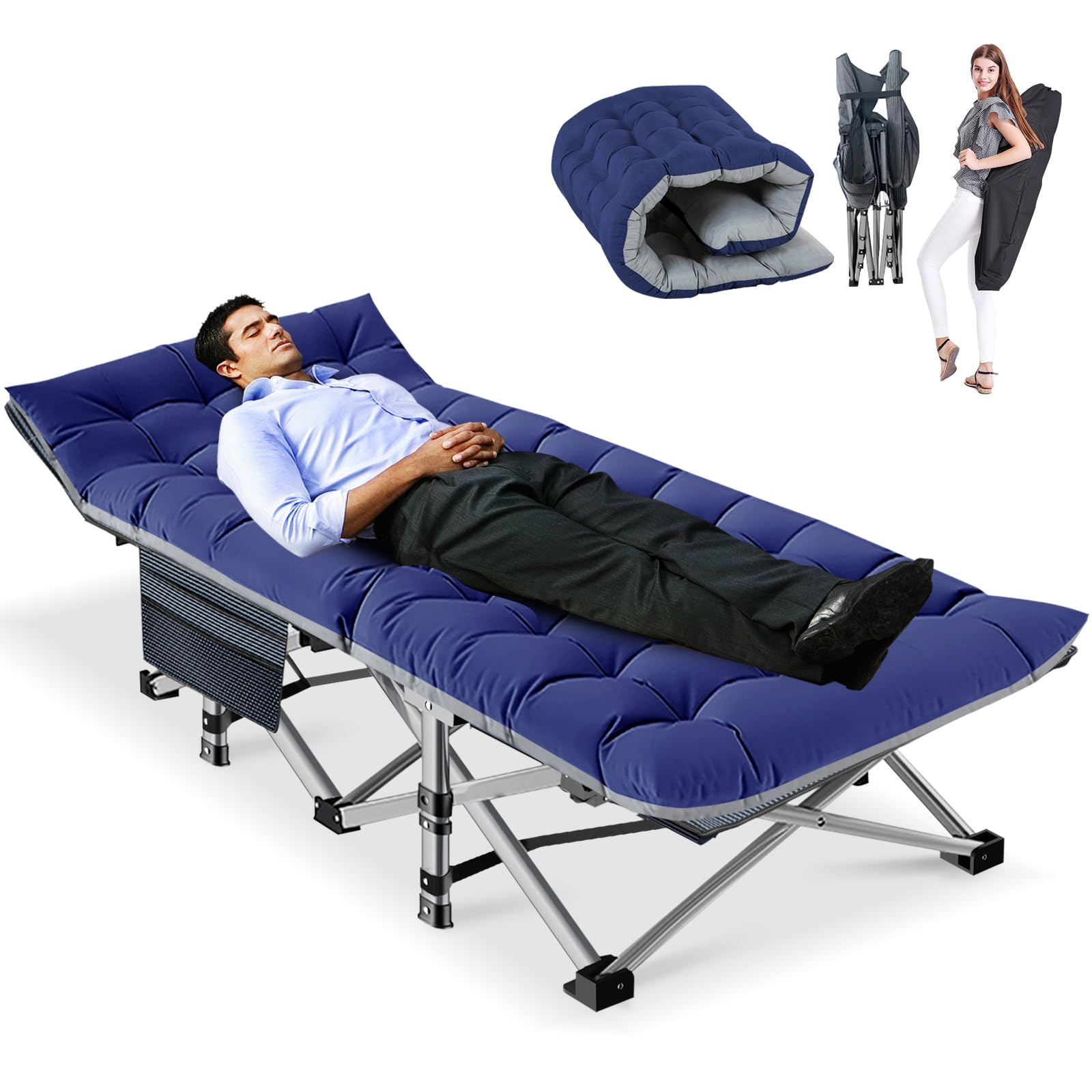 Klappbares Campingbett mit Matratze und Seitentaschen, 200KG Belastbarkeit Klappbett Gästebett, Stahlrahmen und Oxford Tuch Feldbett Klappbar, 190 x 71 x 36 cm, für Garten Büro Camping Pool
